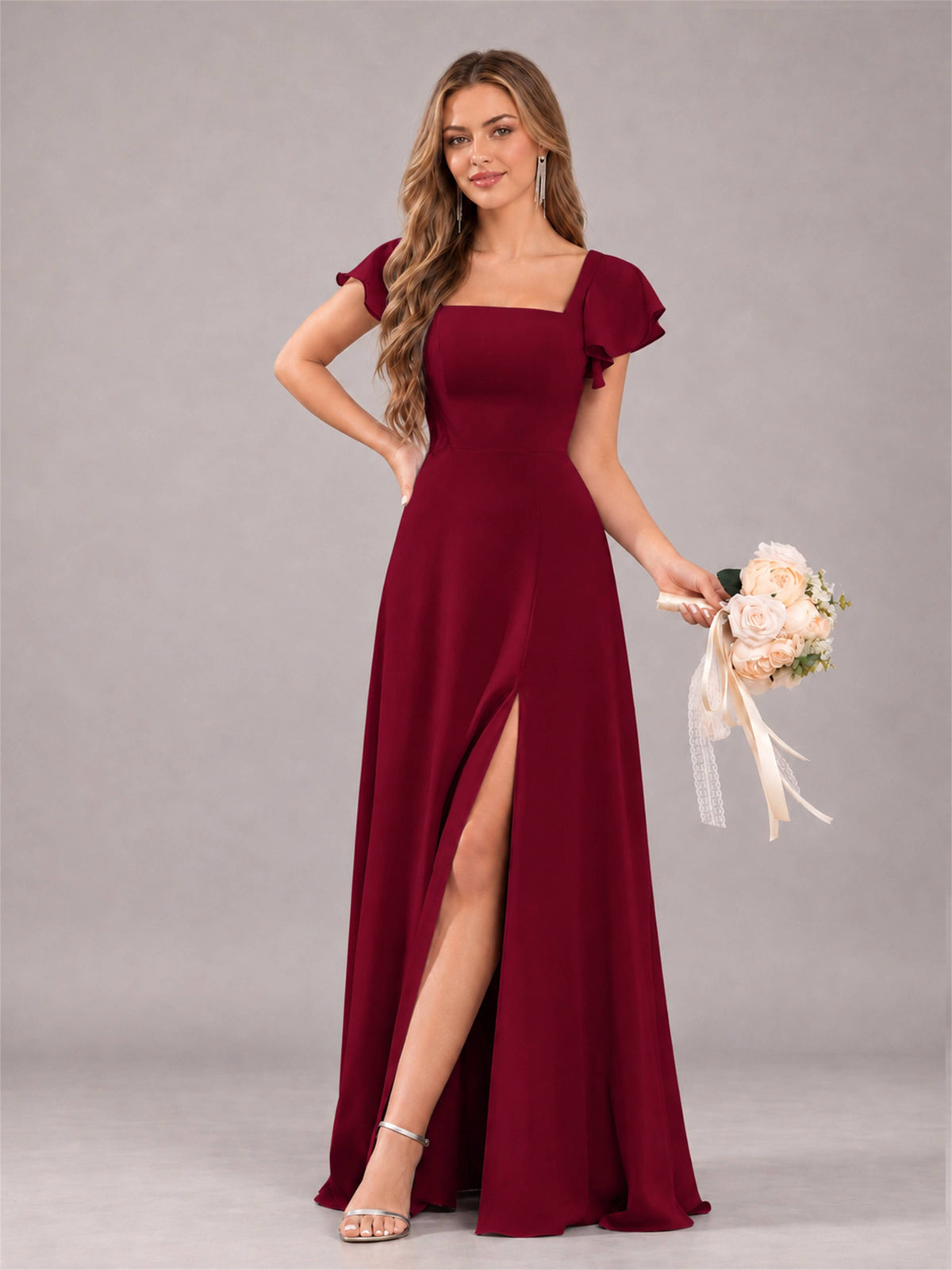 Burgundy Modern Square Neck Cap Sleeves Lace Up Chiffon Bridesmaid Dress