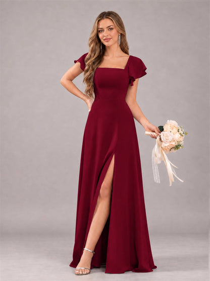 Burgundy Modern Square Neck Cap Sleeves Lace Up Chiffon Bridesmaid Dress