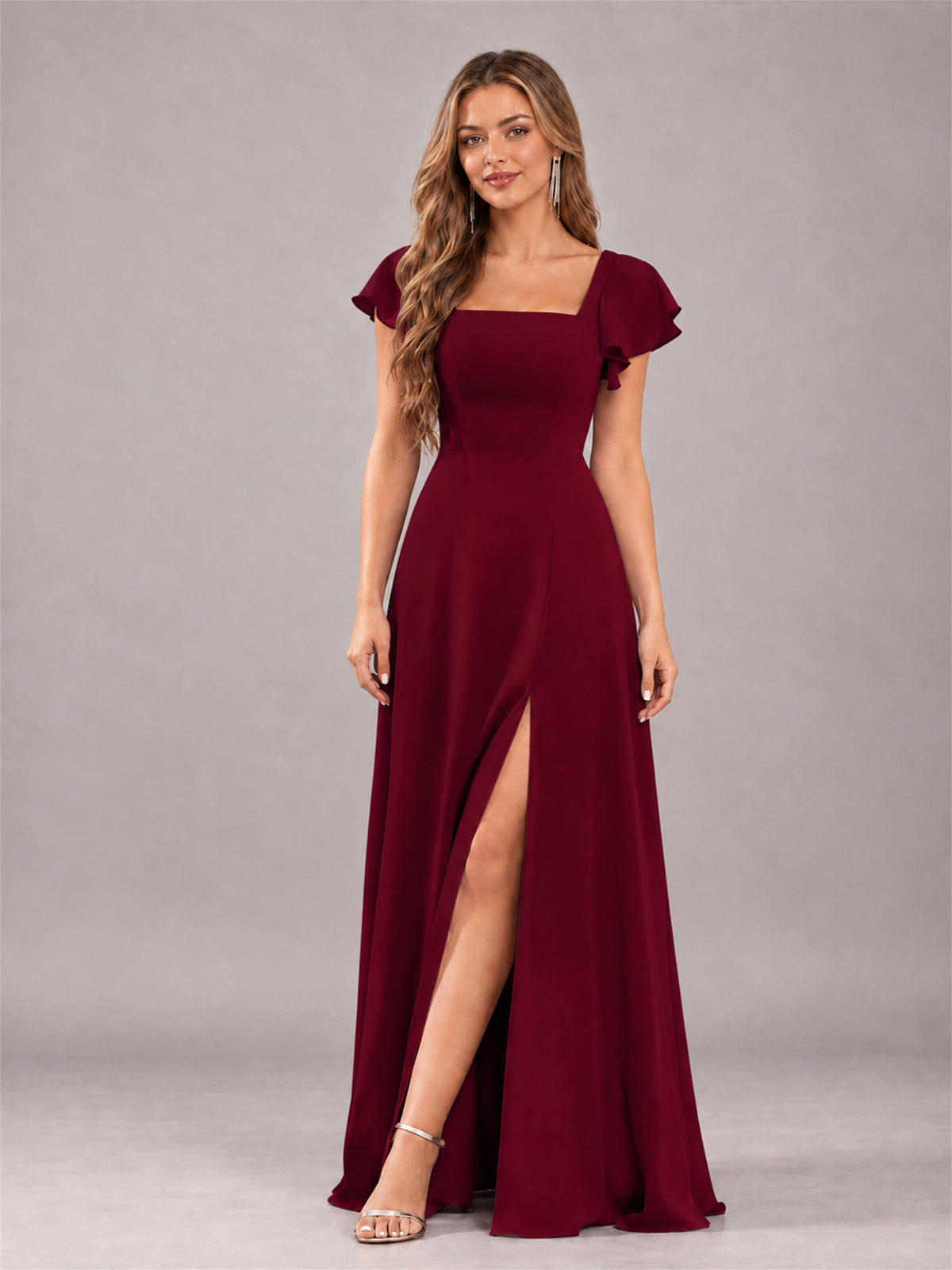 Burgundy Modern Square Neck Cap Sleeves Lace Up Chiffon Bridesmaid Dress