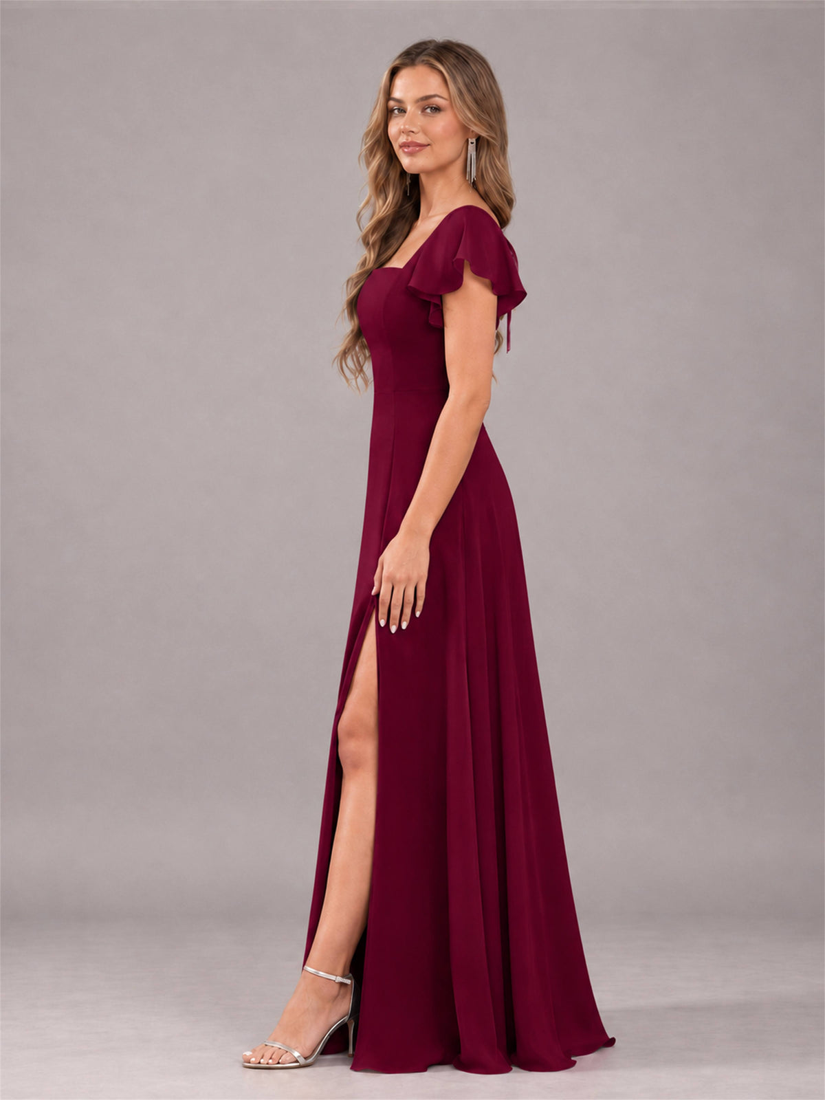 Burgundy Modern Square Neck Cap Sleeves Lace Up Chiffon Bridesmaid Dress