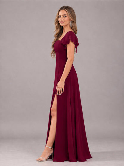 Burgundy Modern Square Neck Cap Sleeves Lace Up Chiffon Bridesmaid Dress