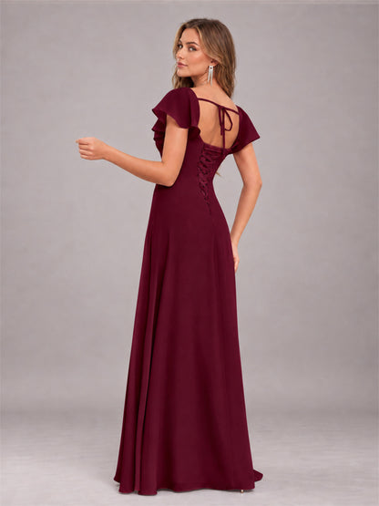 Burgundy Modern Square Neck Cap Sleeves Lace Up Chiffon Bridesmaid Dress