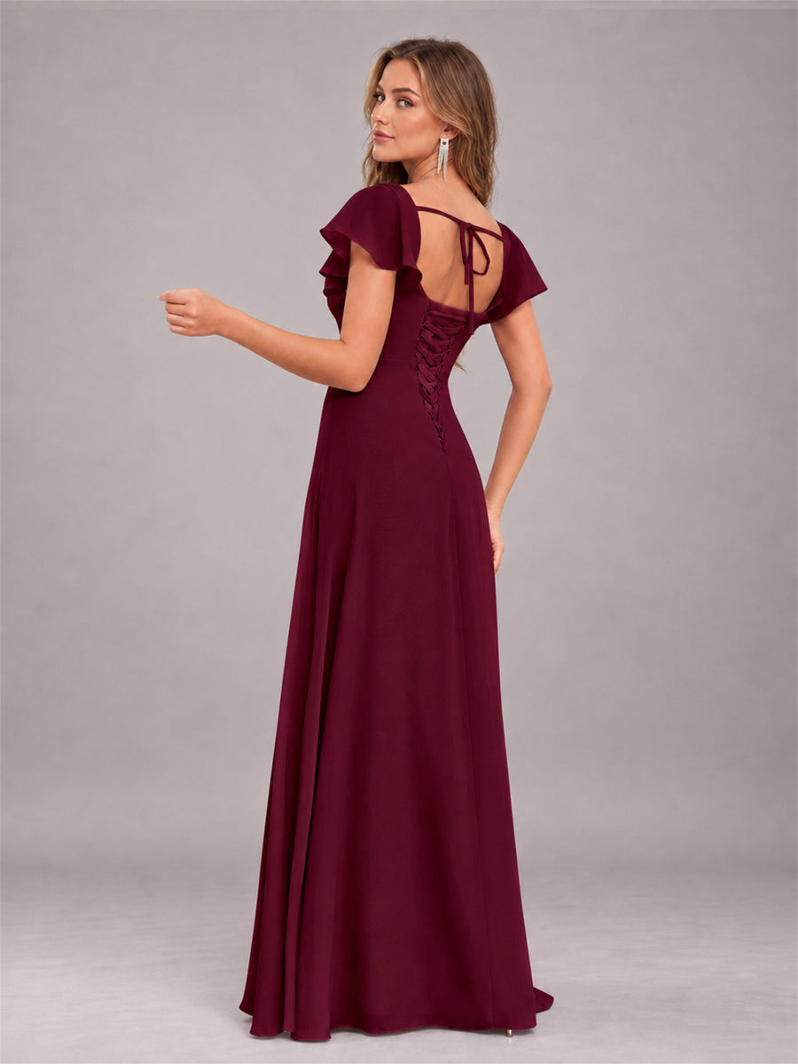 Burgundy Modern Square Neck Cap Sleeves Lace Up Chiffon Bridesmaid Dress