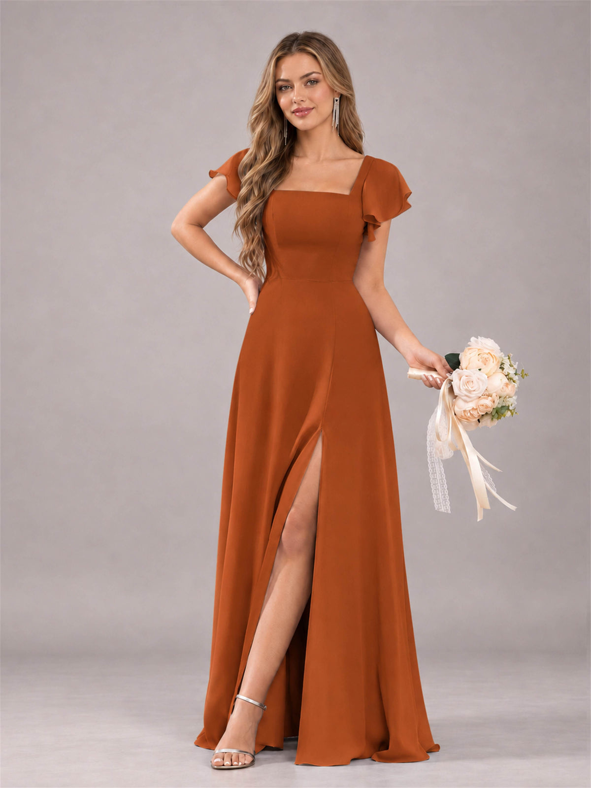 Burnt Orange Modern Square Neck Cap Sleeves Lace Up Chiffon Bridesmaid Dress