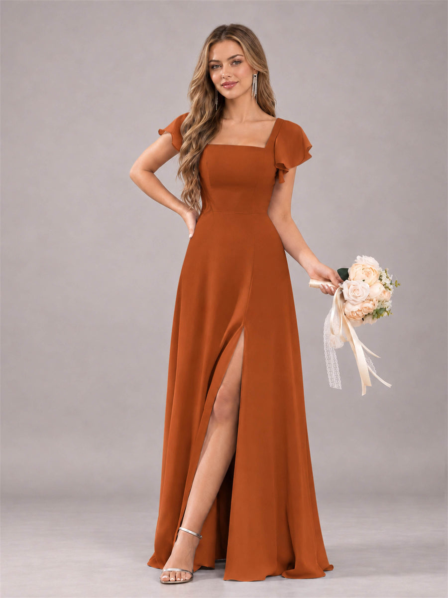 Burnt Orange Modern Square Neck Cap Sleeves Lace Up Chiffon Bridesmaid Dress