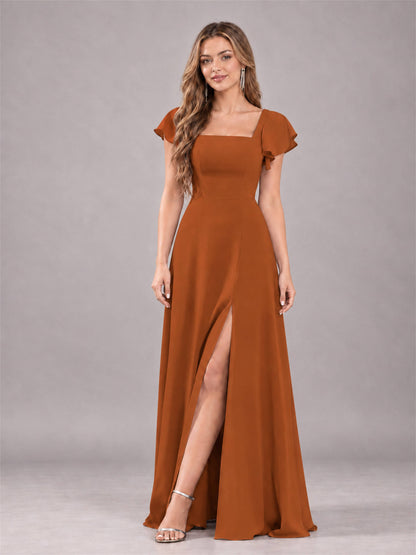 Burnt Orange Modern Square Neck Cap Sleeves Lace Up Chiffon Bridesmaid Dress
