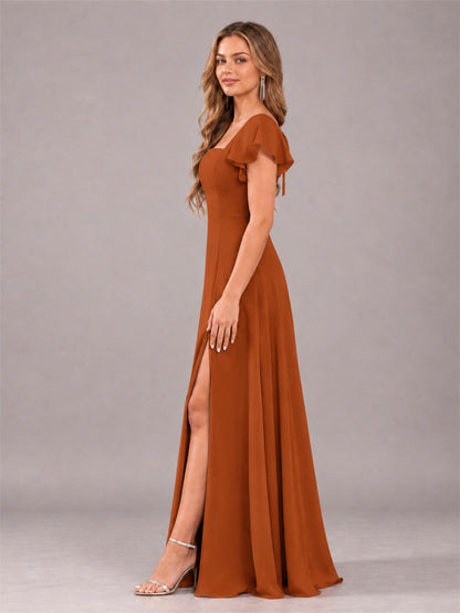 Burnt Orange Modern Square Neck Cap Sleeves Lace Up Chiffon Bridesmaid Dress