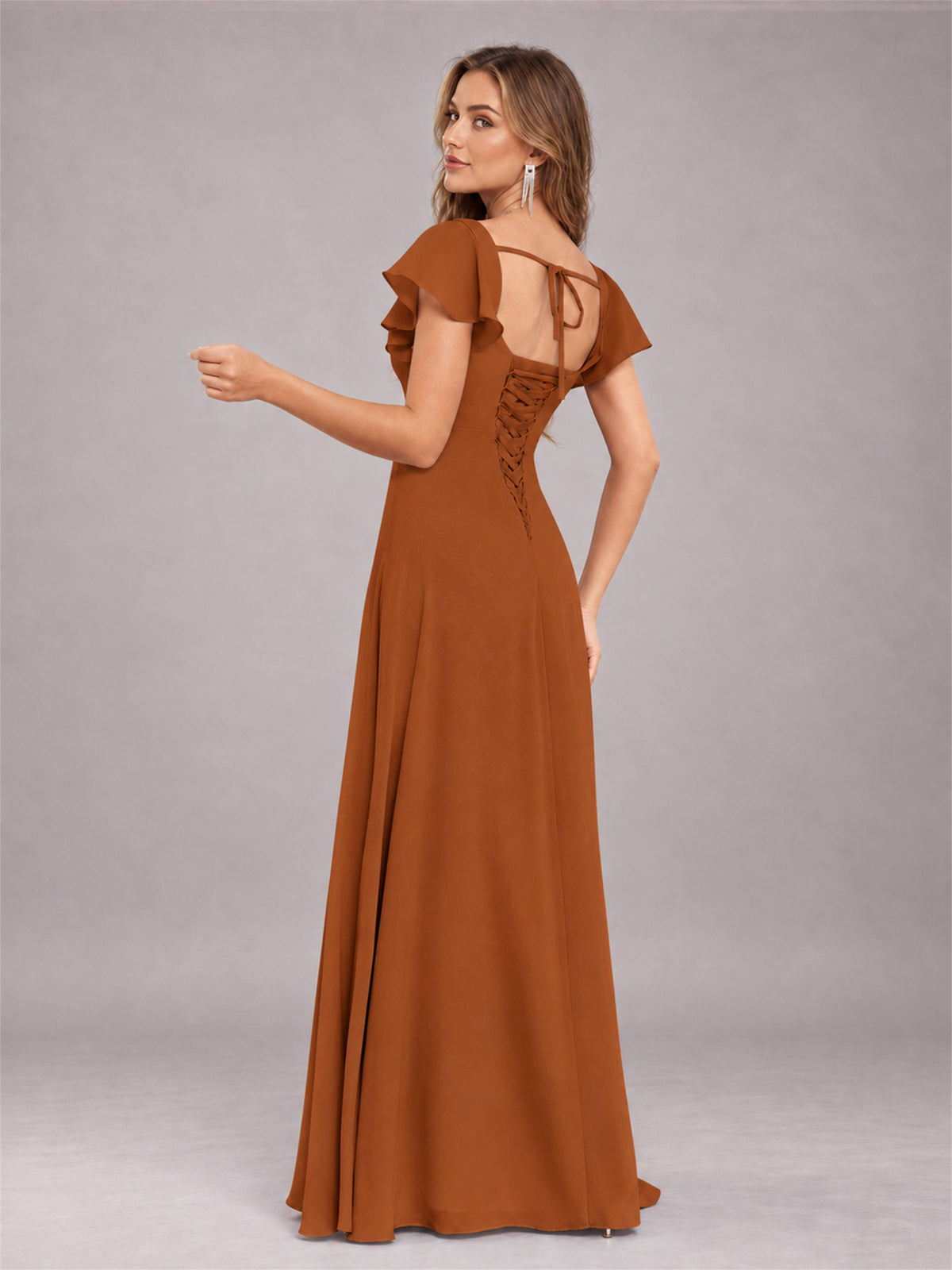Burnt Orange Modern Square Neck Cap Sleeves Lace Up Chiffon Bridesmaid Dress