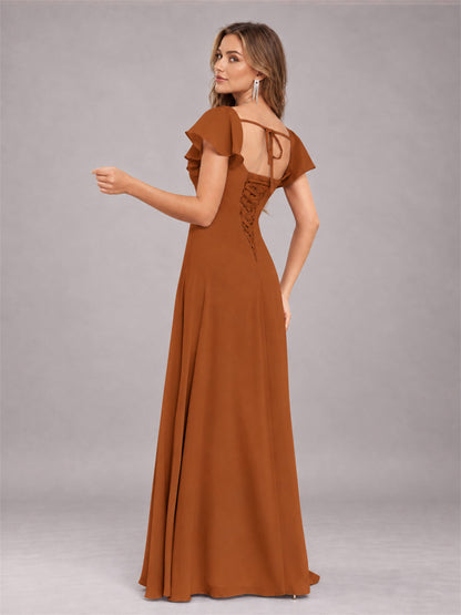 Burnt Orange Modern Square Neck Cap Sleeves Lace Up Chiffon Bridesmaid Dress