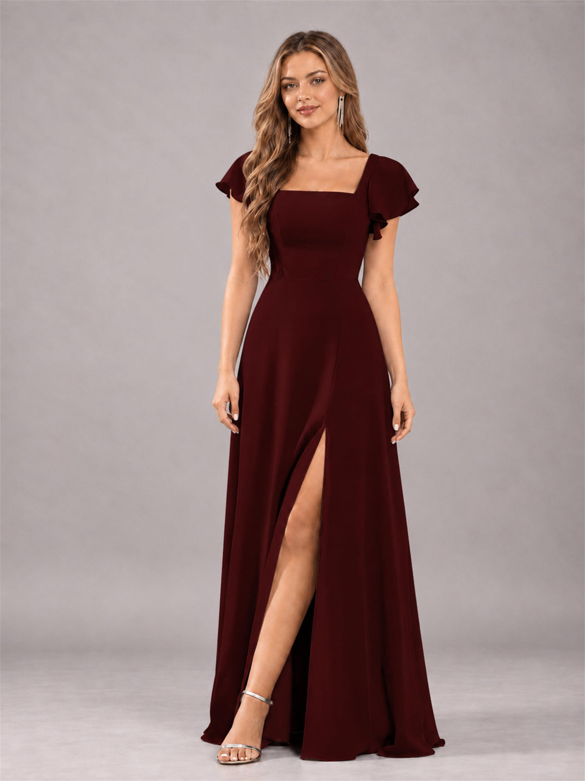 Cabernet Modern Square Neck Cap Sleeves Lace Up Chiffon Bridesmaid Dress