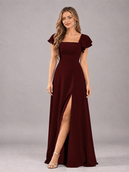 Cabernet Modern Square Neck Cap Sleeves Lace Up Chiffon Bridesmaid Dress