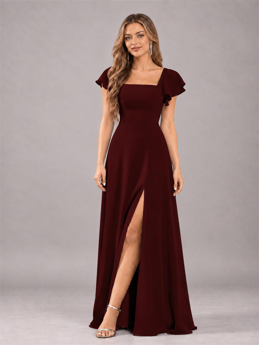 Cabernet Modern Square Neck Cap Sleeves Lace Up Chiffon Bridesmaid Dress