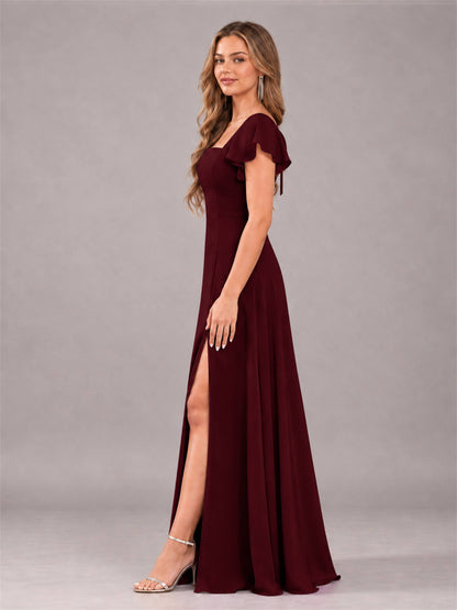 Cabernet Modern Square Neck Cap Sleeves Lace Up Chiffon Bridesmaid Dress