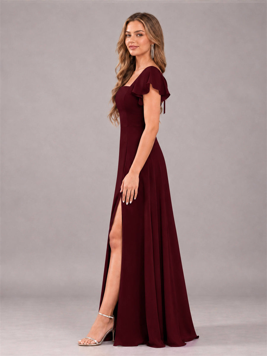 Cabernet Modern Square Neck Cap Sleeves Lace Up Chiffon Bridesmaid Dress