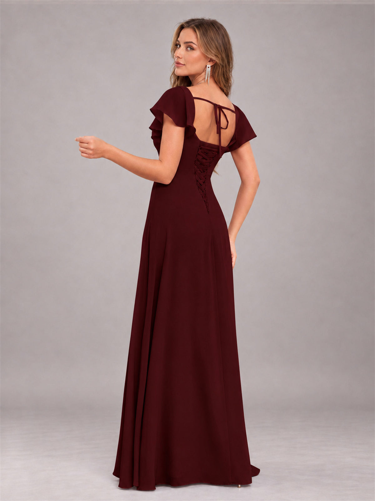 Cabernet Modern Square Neck Cap Sleeves Lace Up Chiffon Bridesmaid Dress