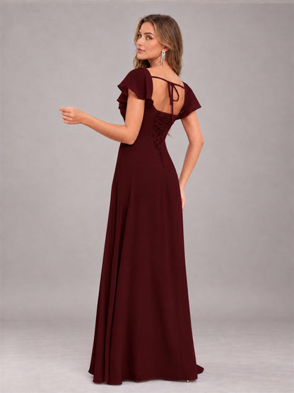 Cabernet Modern Square Neck Cap Sleeves Lace Up Chiffon Bridesmaid Dress