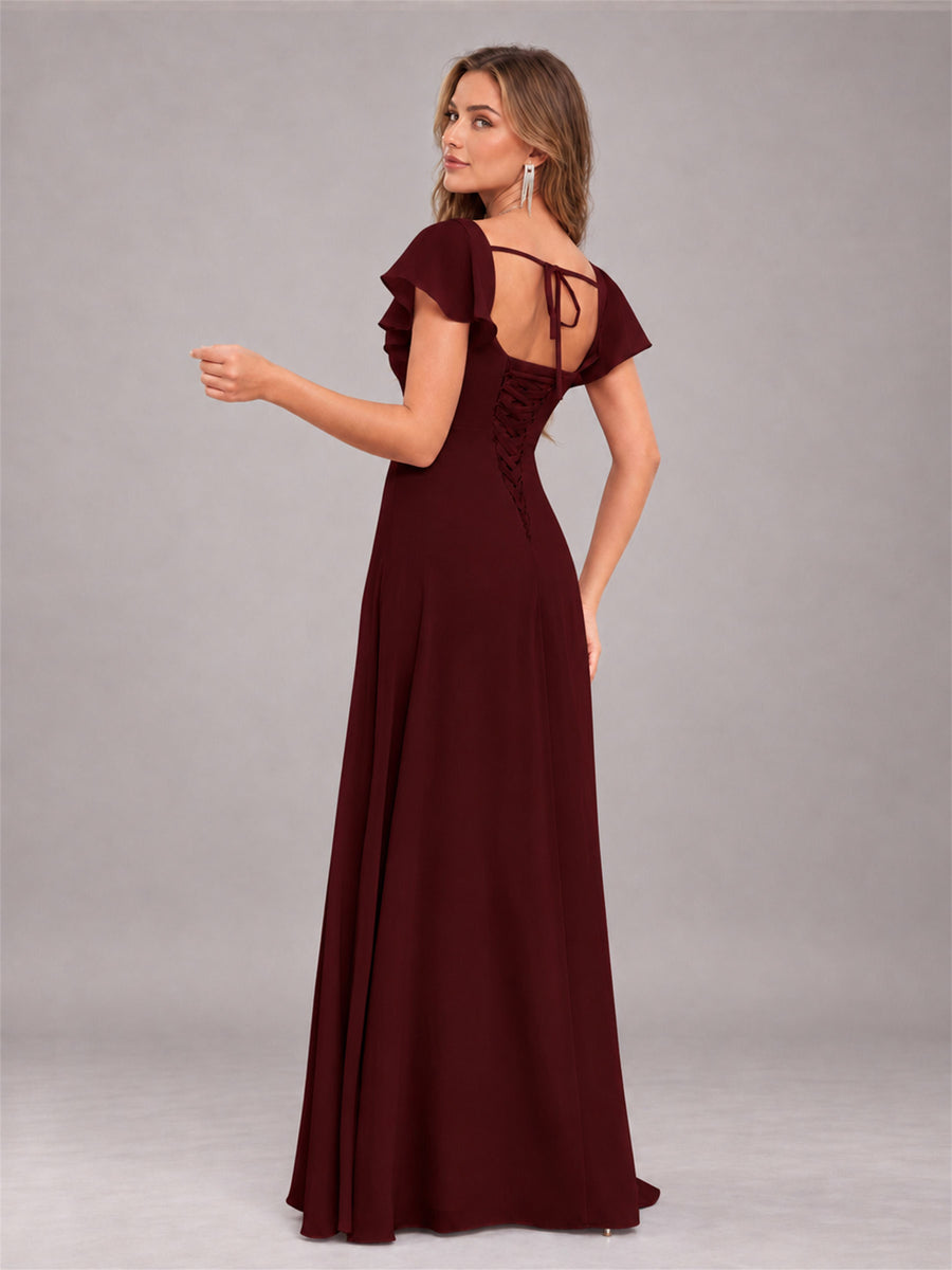 Cabernet Modern Square Neck Cap Sleeves Lace Up Chiffon Bridesmaid Dress