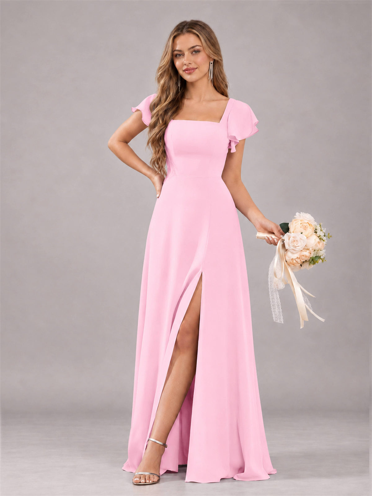 Candy Pink Modern Square Neck Cap Sleeves Lace Up Chiffon Bridesmaid Dress