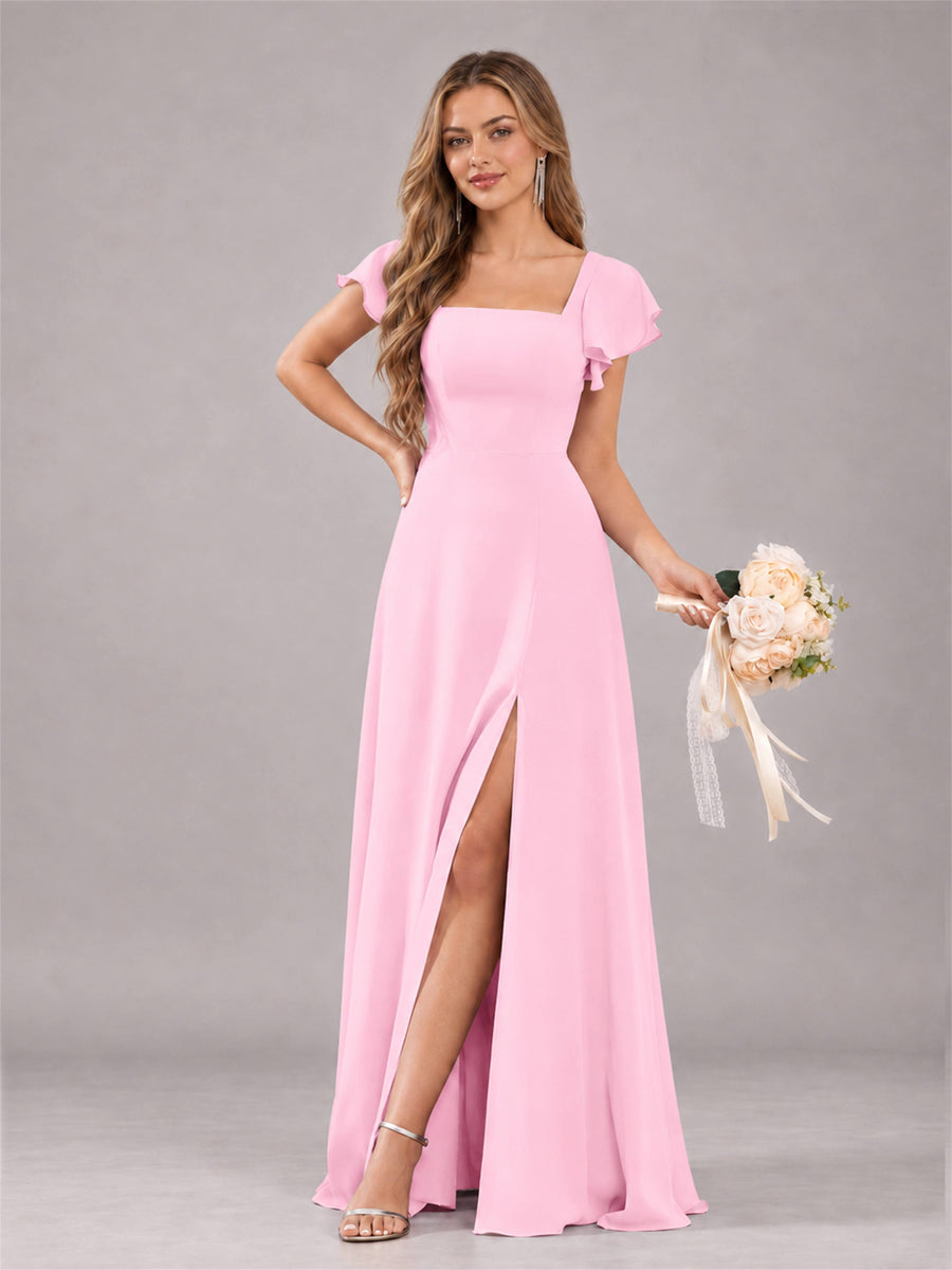 Candy Pink Modern Square Neck Cap Sleeves Lace Up Chiffon Bridesmaid Dress