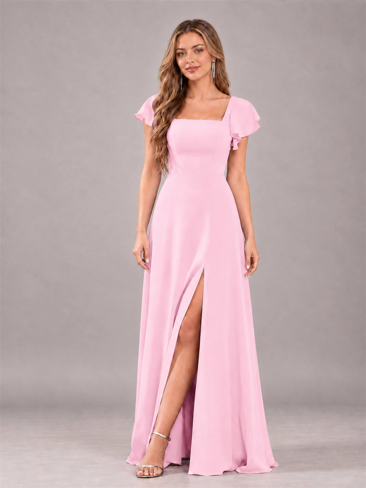 Candy Pink Modern Square Neck Cap Sleeves Lace Up Chiffon Bridesmaid Dress