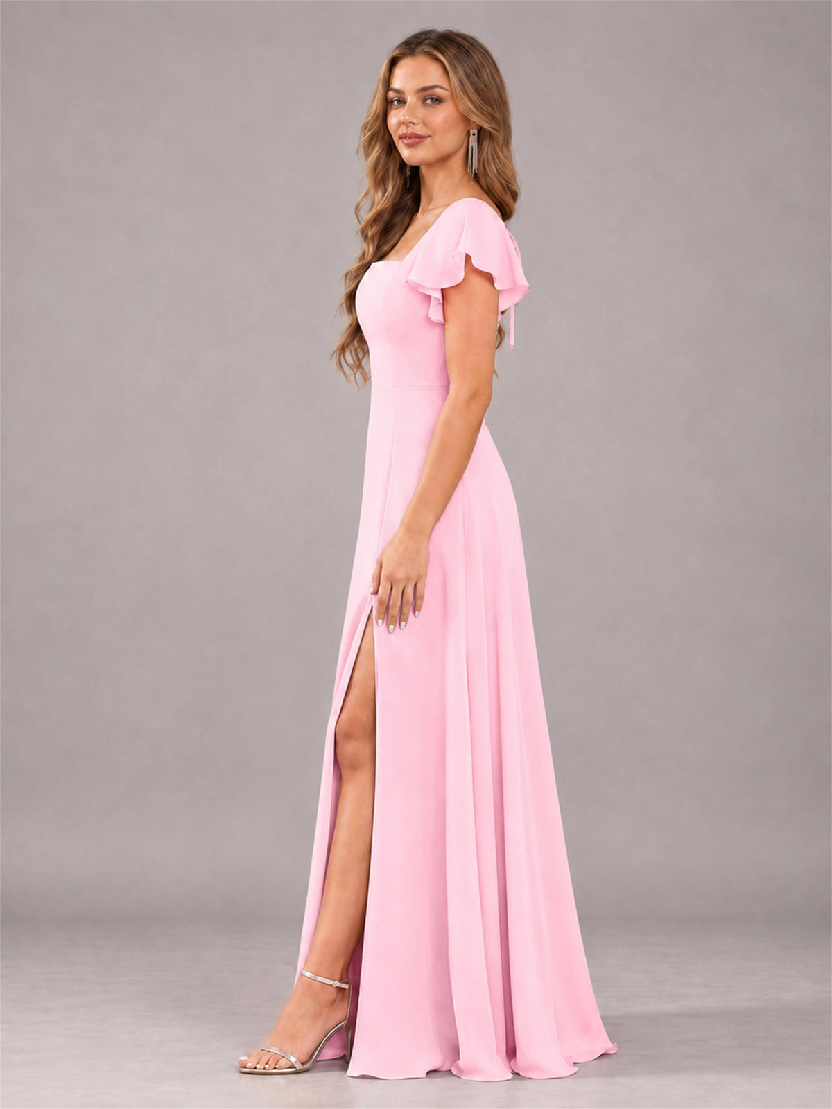 Candy Pink Modern Square Neck Cap Sleeves Lace Up Chiffon Bridesmaid Dress