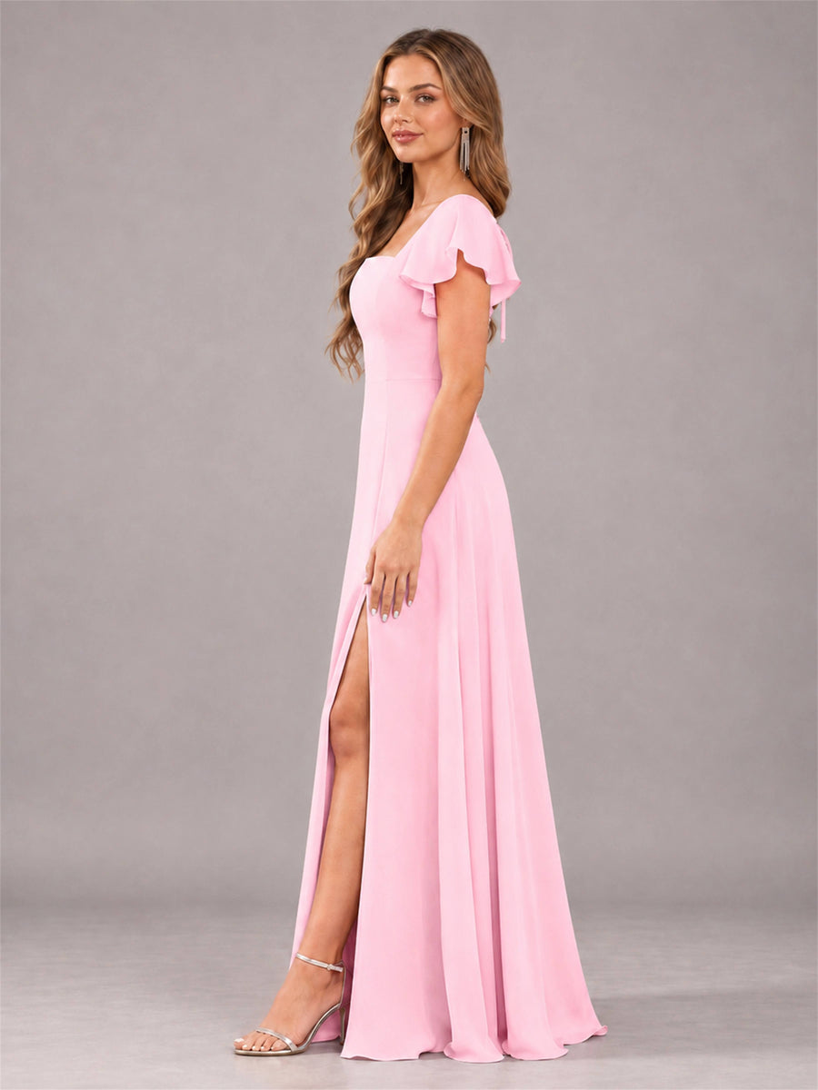 Candy Pink Modern Square Neck Cap Sleeves Lace Up Chiffon Bridesmaid Dress