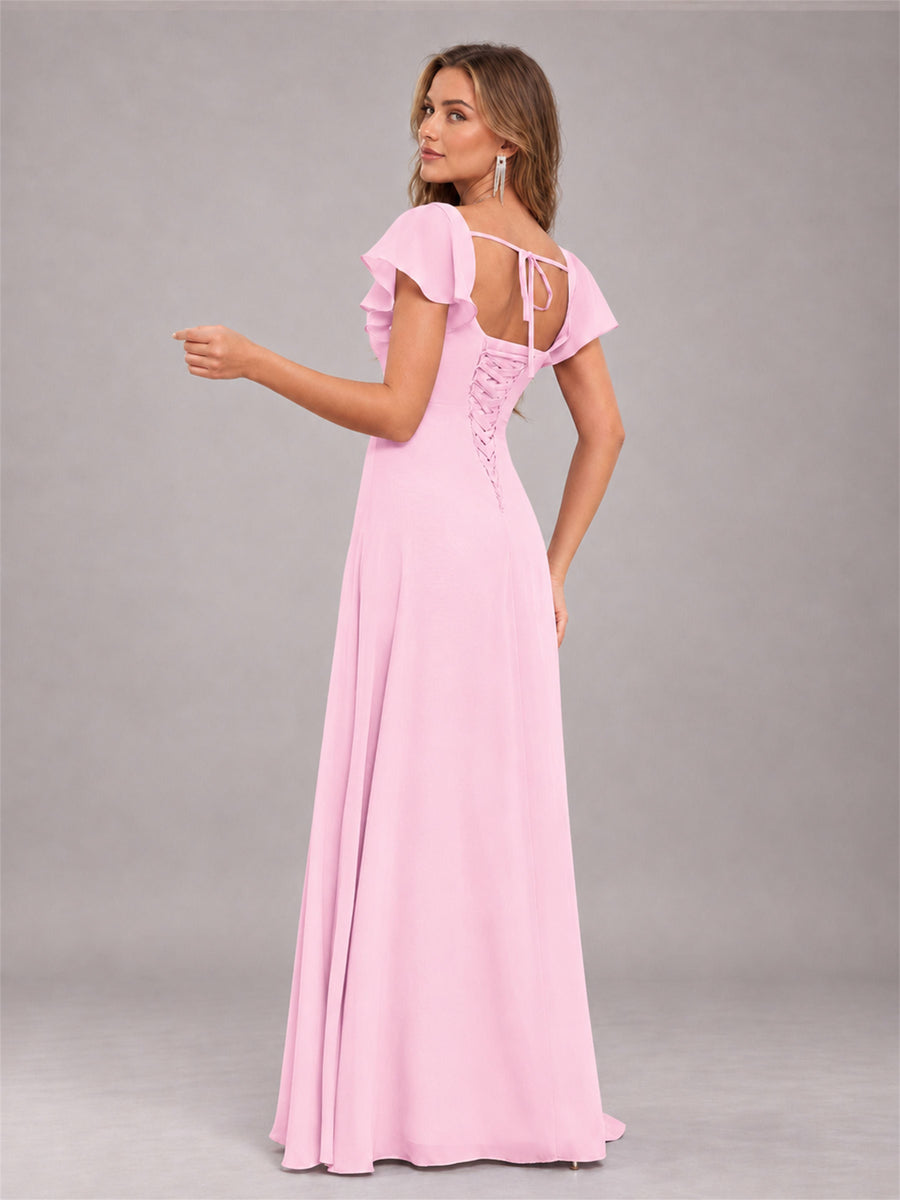 Candy Pink Modern Square Neck Cap Sleeves Lace Up Chiffon Bridesmaid Dress