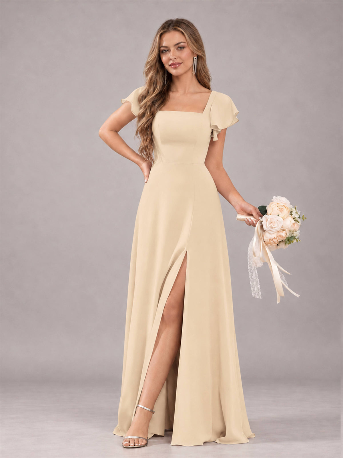 Champagne Modern Square Neck Cap Sleeves Lace Up Chiffon Bridesmaid Dress