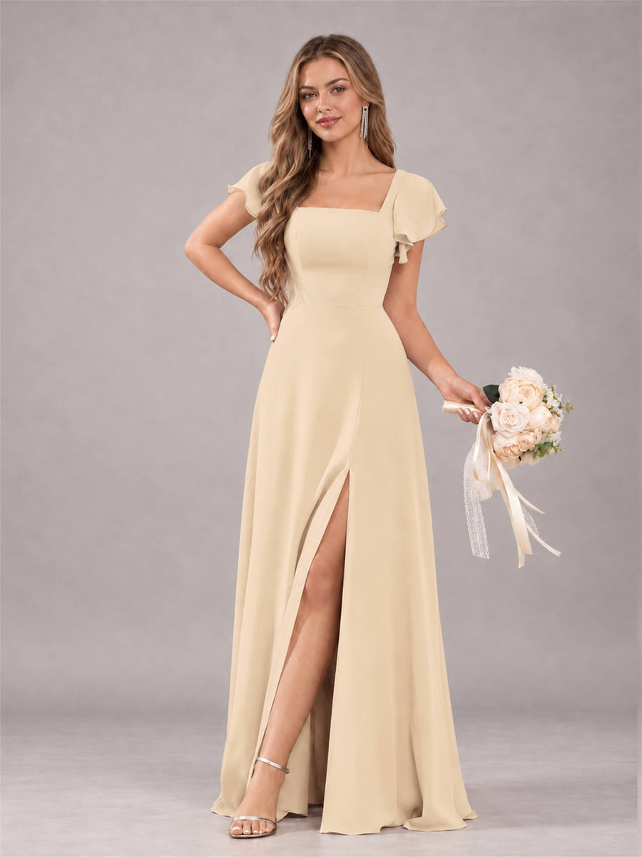 Champagne Modern Square Neck Cap Sleeves Lace Up Chiffon Bridesmaid Dress