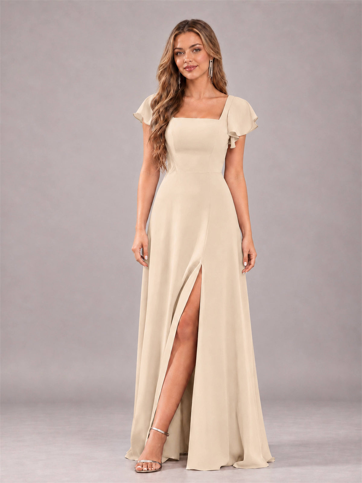 Champagne Modern Square Neck Cap Sleeves Lace Up Chiffon Bridesmaid Dress