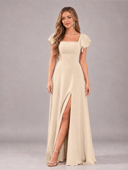 Champagne Modern Square Neck Cap Sleeves Lace Up Chiffon Bridesmaid Dress