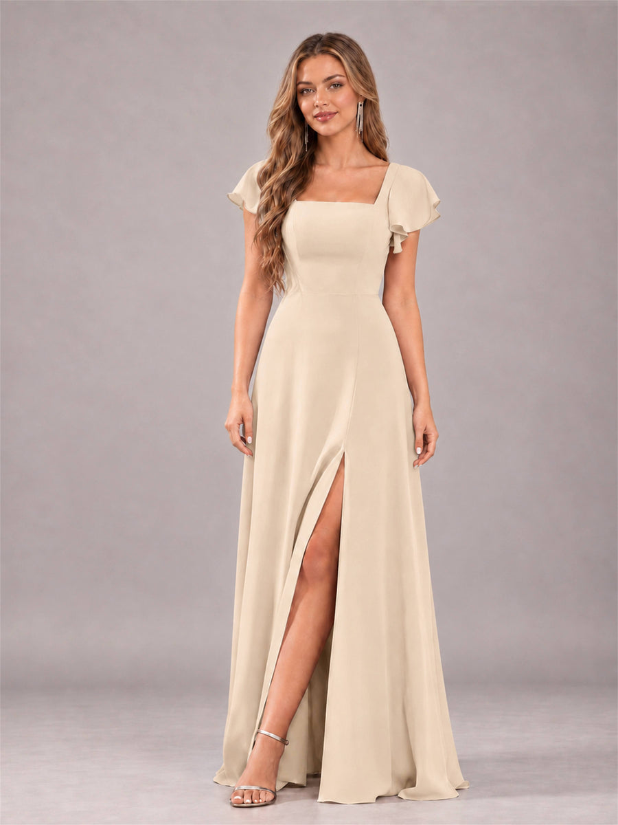 Champagne Modern Square Neck Cap Sleeves Lace Up Chiffon Bridesmaid Dress