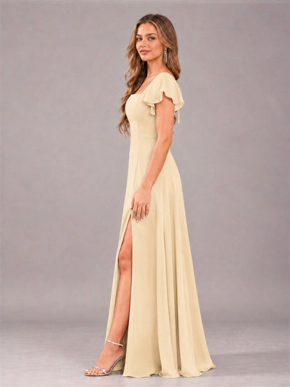 Champagne Modern Square Neck Cap Sleeves Lace Up Chiffon Bridesmaid Dress