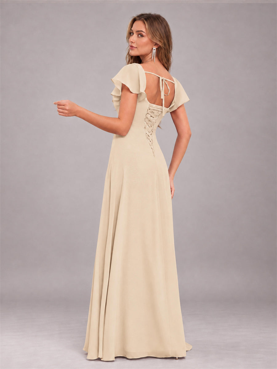 Champagne Modern Square Neck Cap Sleeves Lace Up Chiffon Bridesmaid Dress