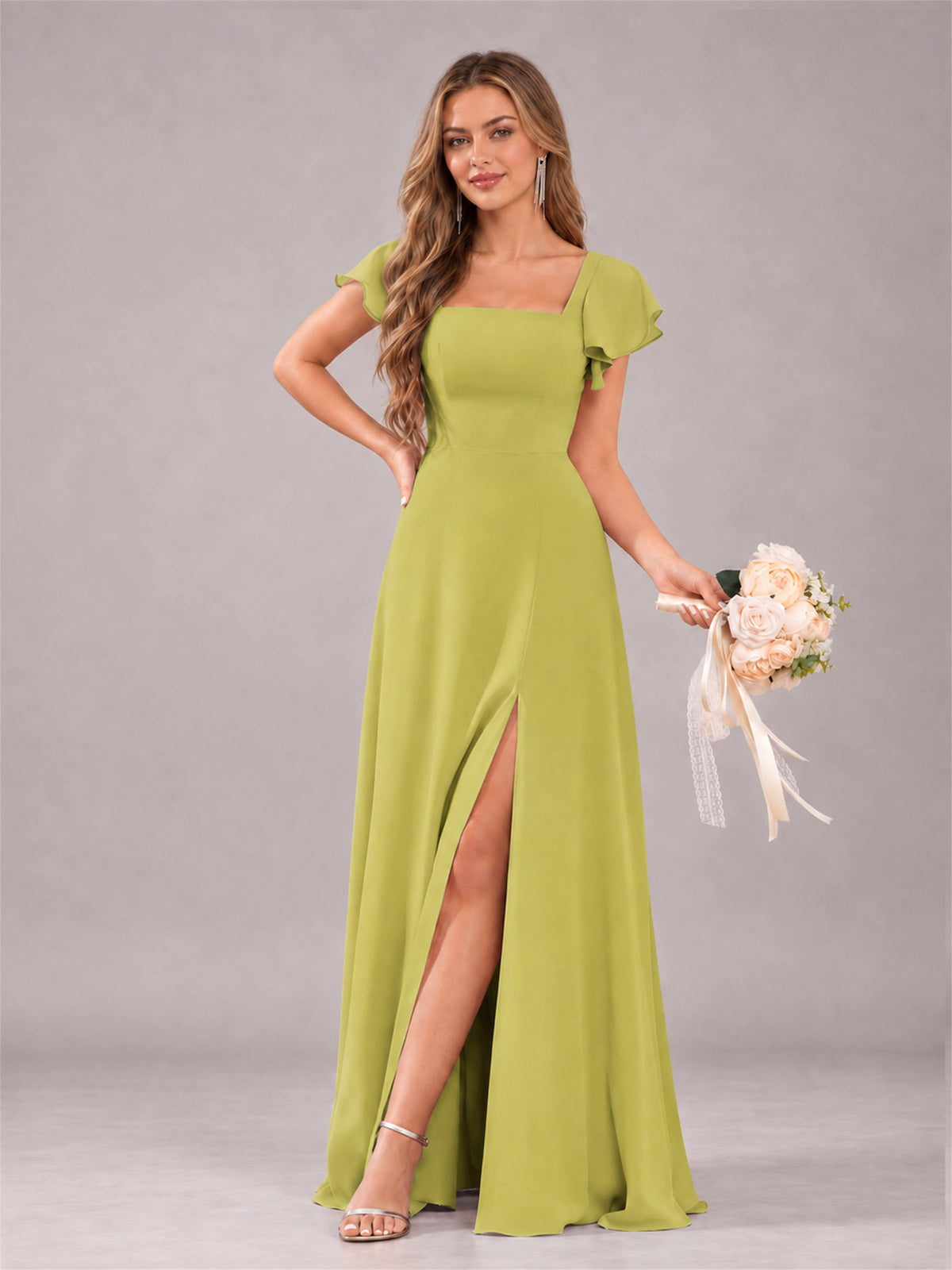 Chartreuse Modern Square Neck Cap Sleeves Lace Up Chiffon Bridesmaid Dress
