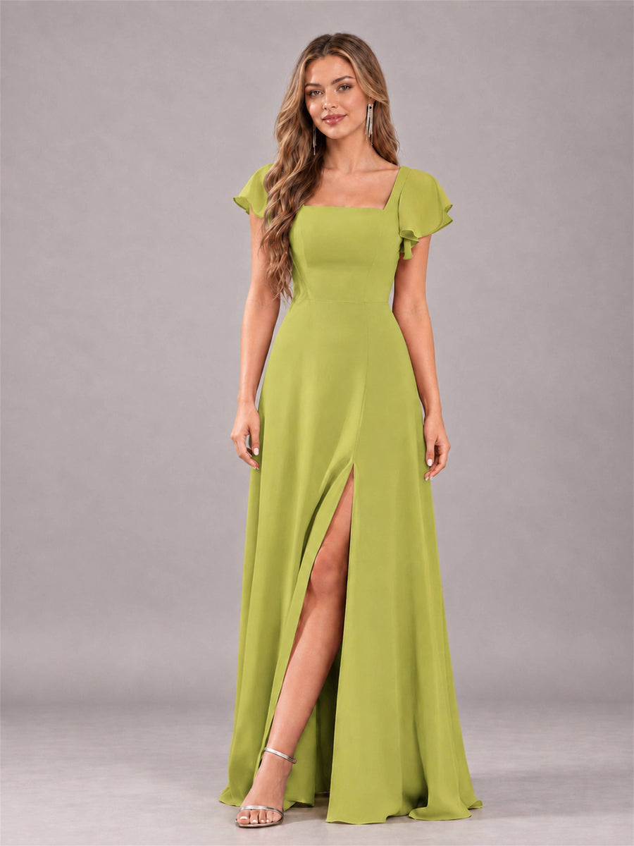 Chartreuse Modern Square Neck Cap Sleeves Lace Up Chiffon Bridesmaid Dress