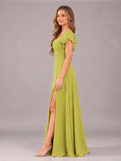 Chartreuse Modern Square Neck Cap Sleeves Lace Up Chiffon Bridesmaid Dress