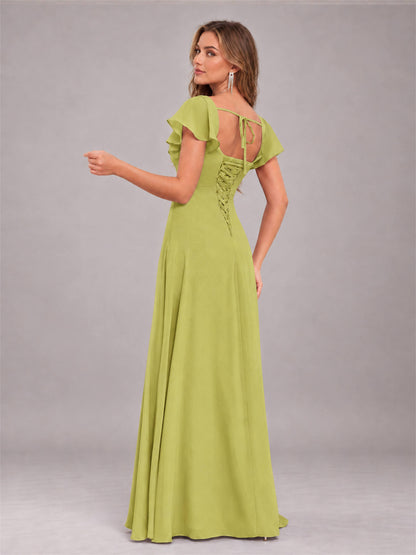 Chartreuse Modern Square Neck Cap Sleeves Lace Up Chiffon Bridesmaid Dress