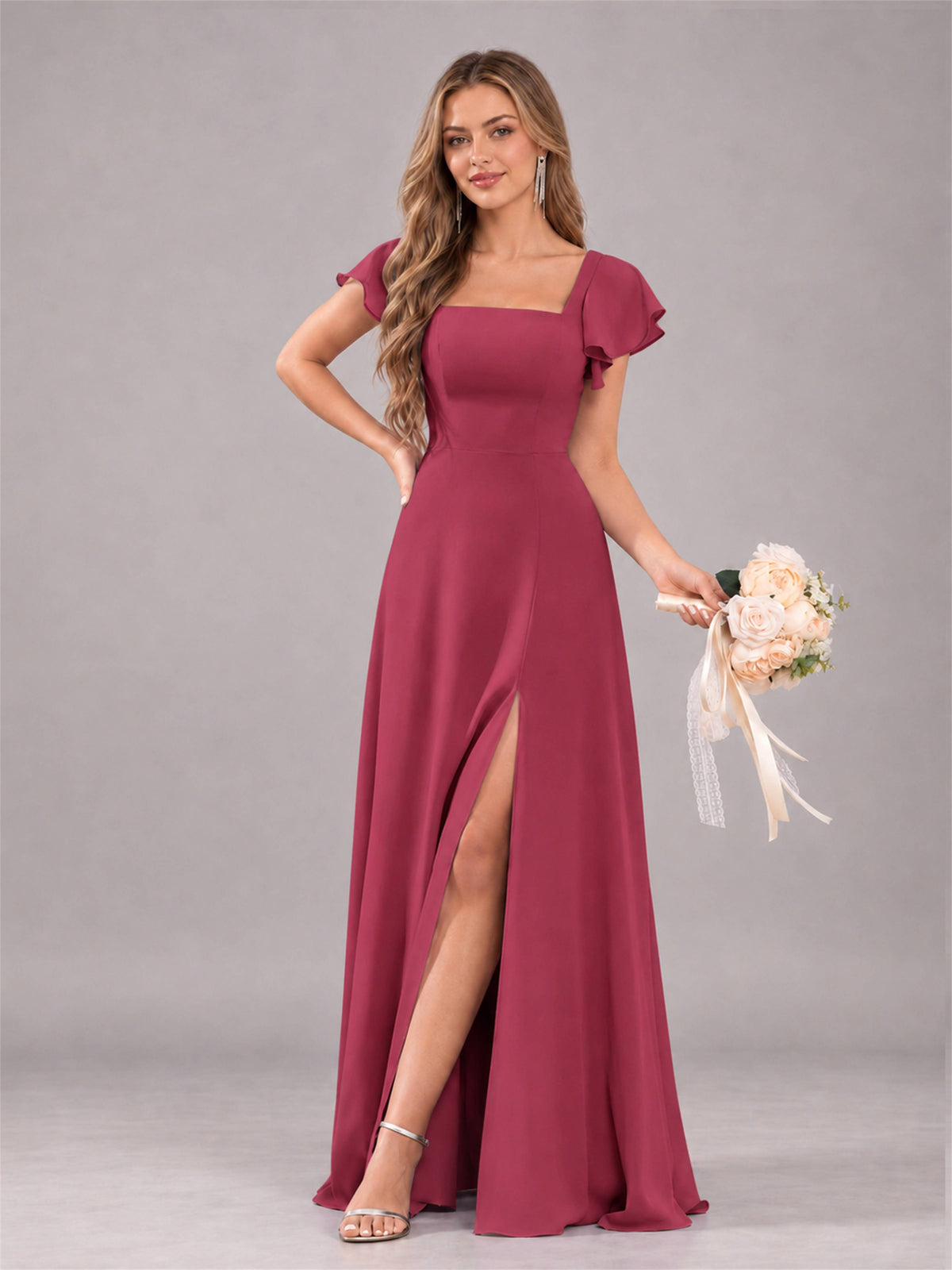 Cinnamon Rose Modern Square Neck Cap Sleeves Lace Up Chiffon Bridesmaid Dress