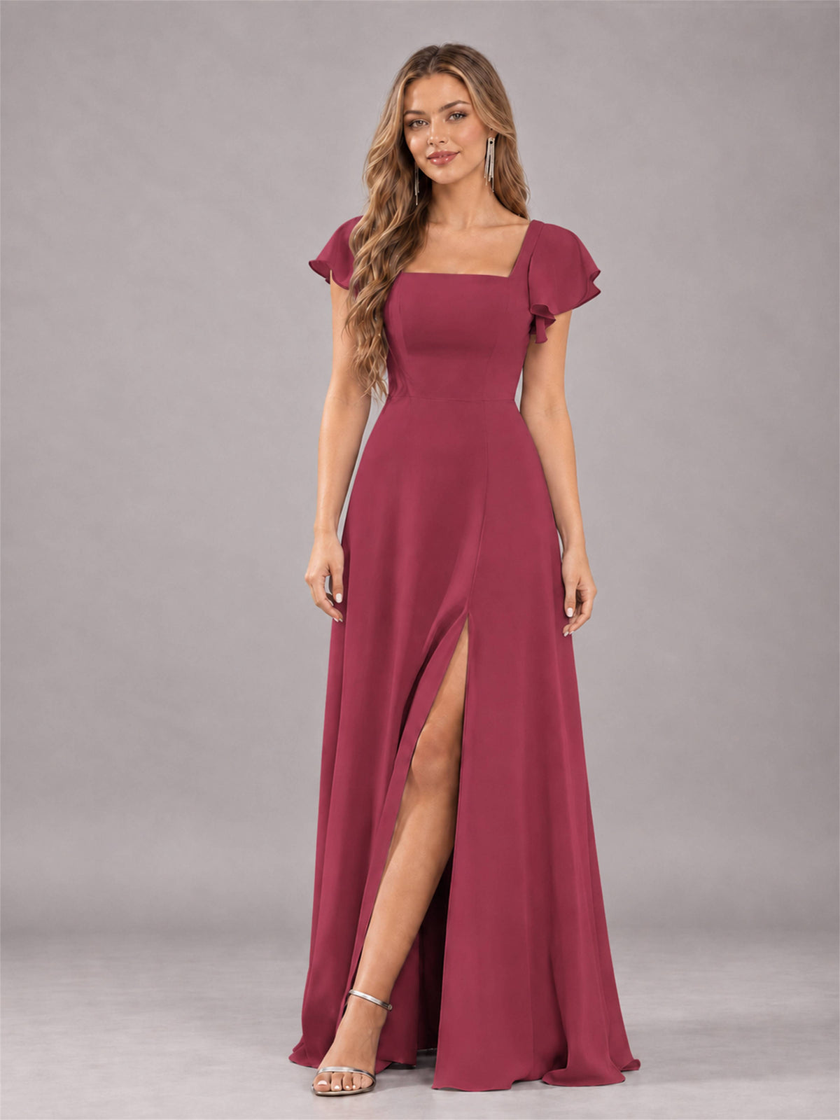 Cinnamon Rose Modern Square Neck Cap Sleeves Lace Up Chiffon Bridesmaid Dress