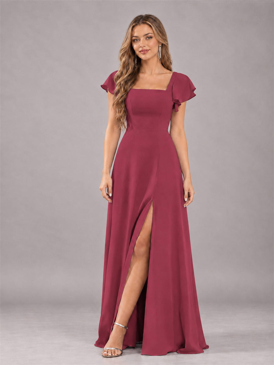 Cinnamon Rose Modern Square Neck Cap Sleeves Lace Up Chiffon Bridesmaid Dress