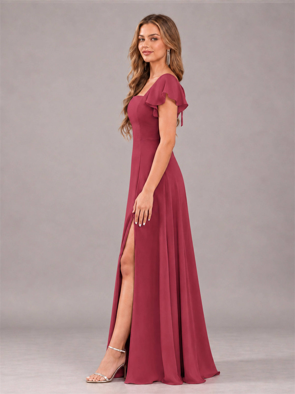 Cinnamon Rose Modern Square Neck Cap Sleeves Lace Up Chiffon Bridesmaid Dress