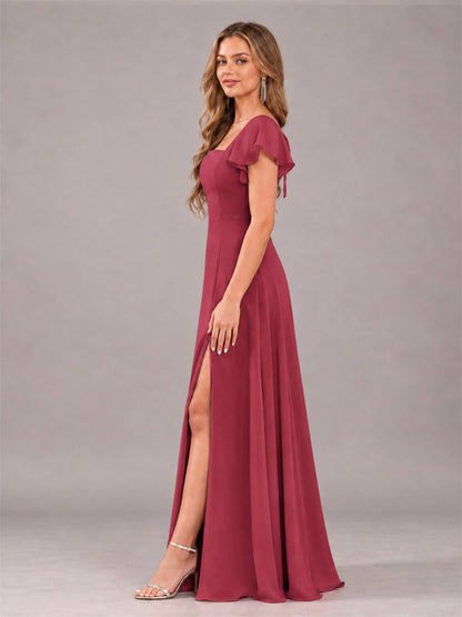 Cinnamon Rose Modern Square Neck Cap Sleeves Lace Up Chiffon Bridesmaid Dress