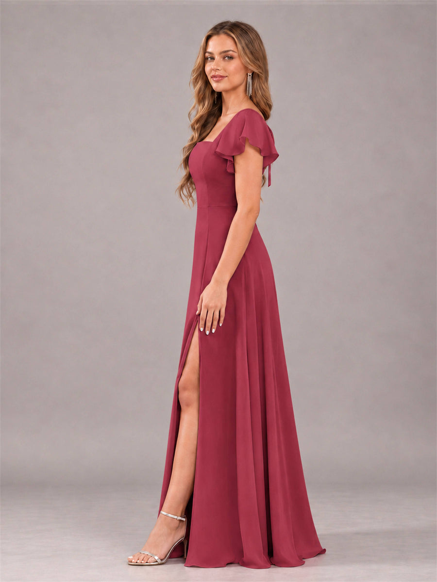 Cinnamon Rose Modern Square Neck Cap Sleeves Lace Up Chiffon Bridesmaid Dress