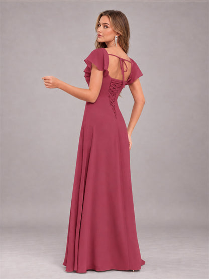 Cinnamon Rose Modern Square Neck Cap Sleeves Lace Up Chiffon Bridesmaid Dress