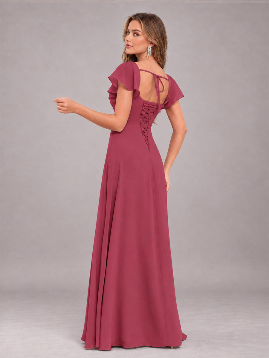 Cinnamon Rose Modern Square Neck Cap Sleeves Lace Up Chiffon Bridesmaid Dress