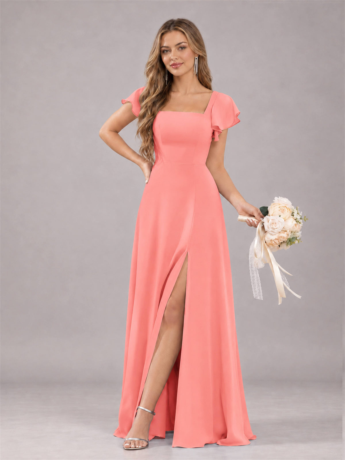 Coral Modern Square Neck Cap Sleeves Lace Up Chiffon Bridesmaid Dress