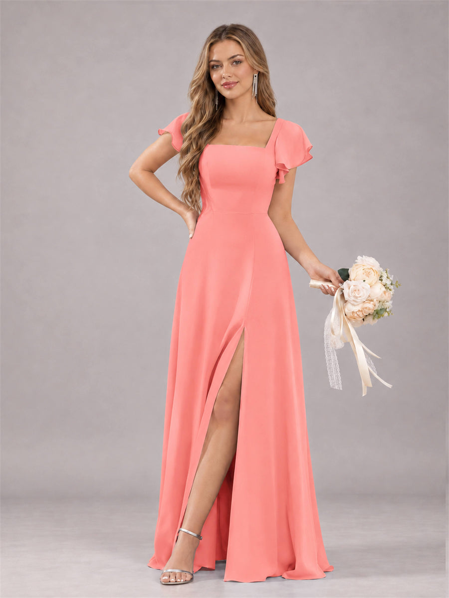 Coral Modern Square Neck Cap Sleeves Lace Up Chiffon Bridesmaid Dress