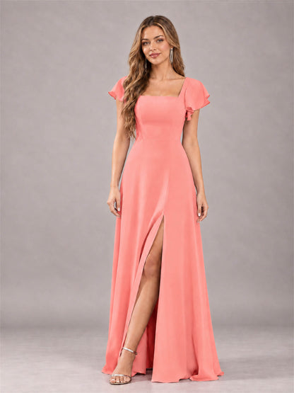 Coral Modern Square Neck Cap Sleeves Lace Up Chiffon Bridesmaid Dress