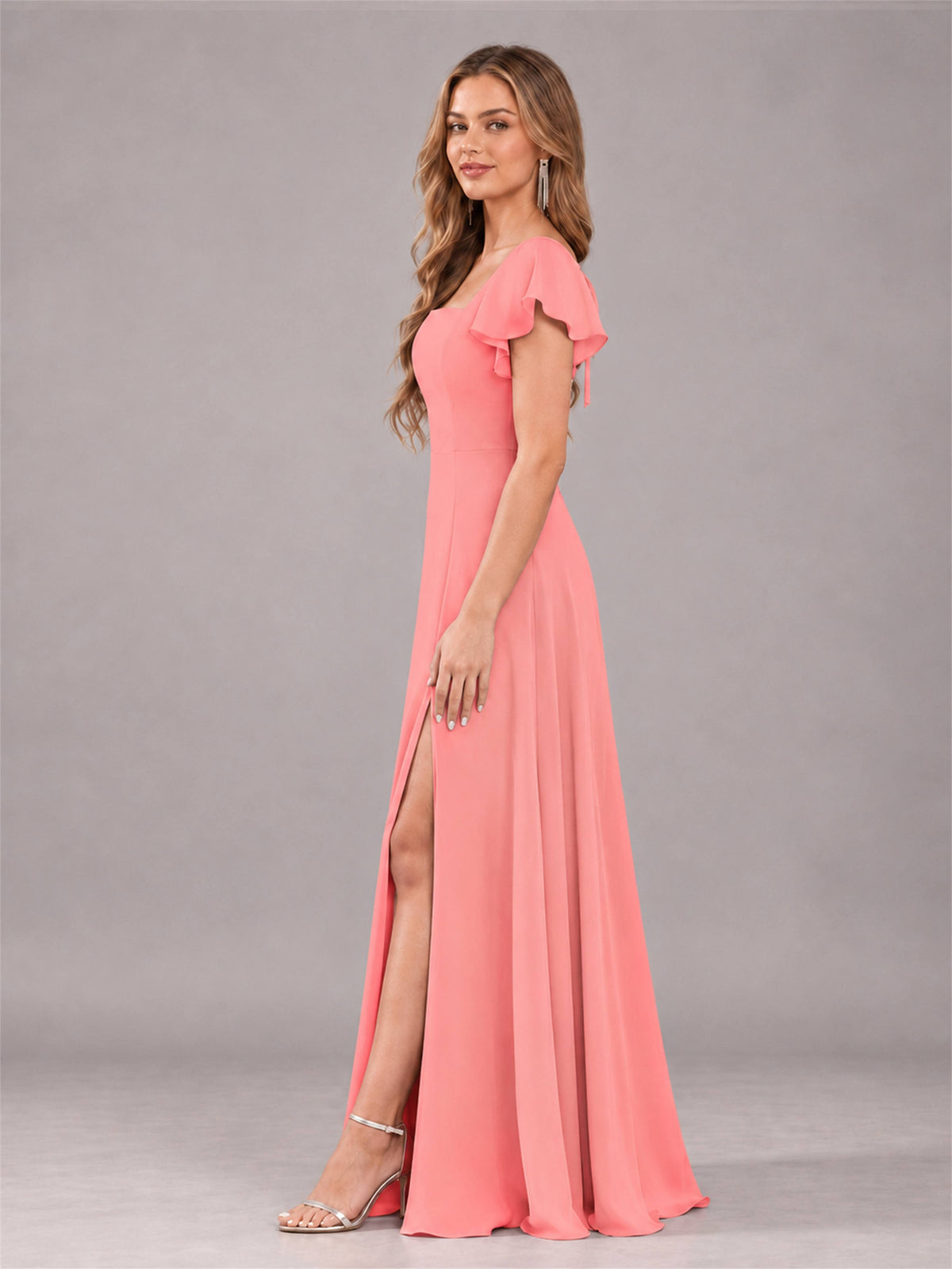 Coral Modern Square Neck Cap Sleeves Lace Up Chiffon Bridesmaid Dress